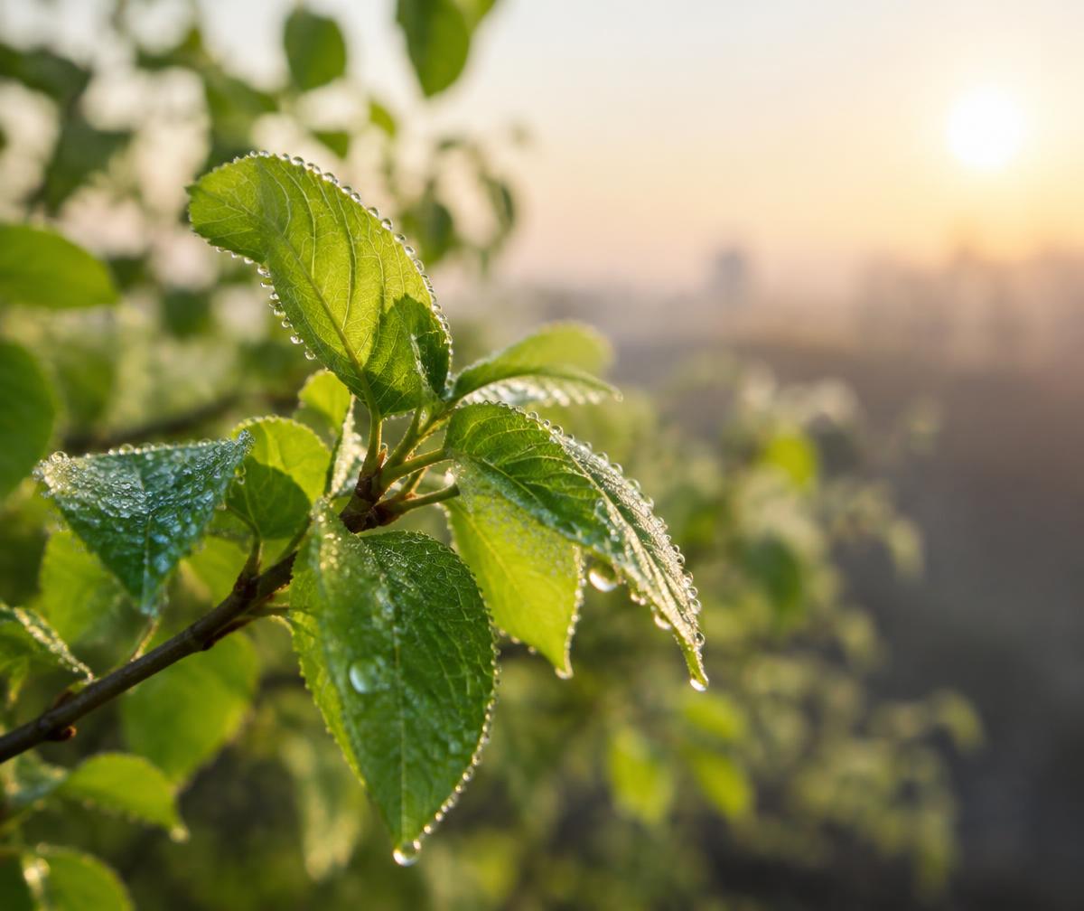Fresh green leaves covered in morning dew