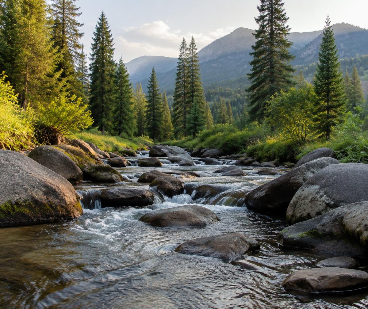 A clear mountain stream flowing over smooth stones